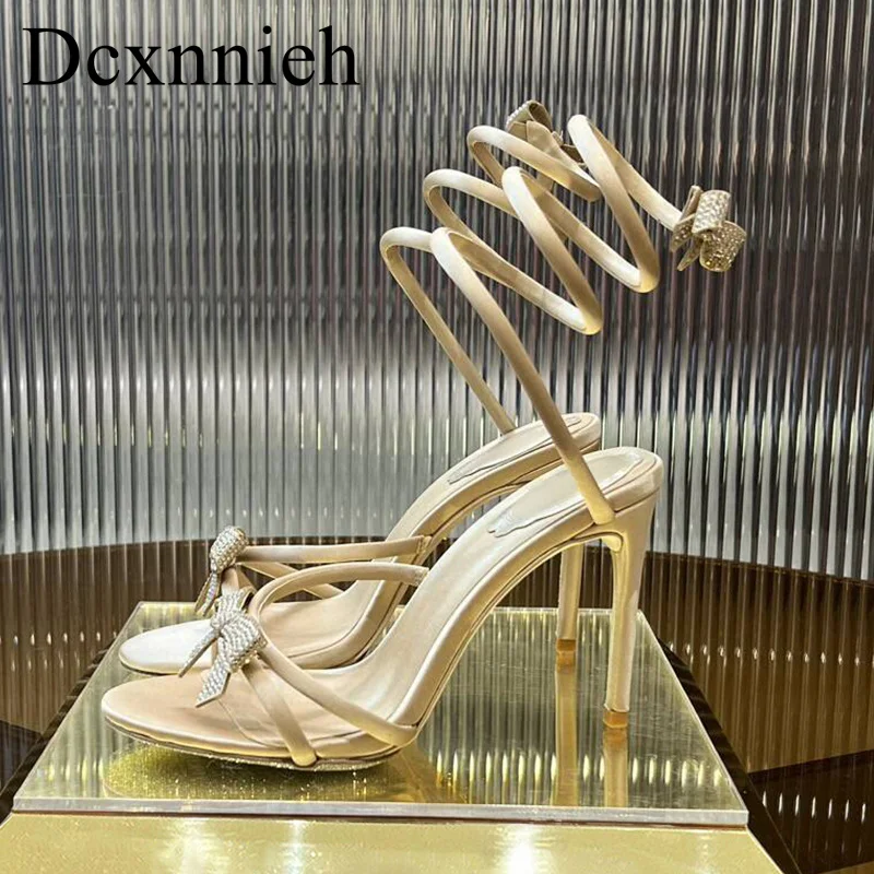 

Butterfly-knot Rhinestone Decor High Heel Sandals Women's Satin Water Snake Ankle Band Sandals Summer Party Gladiator Pumps