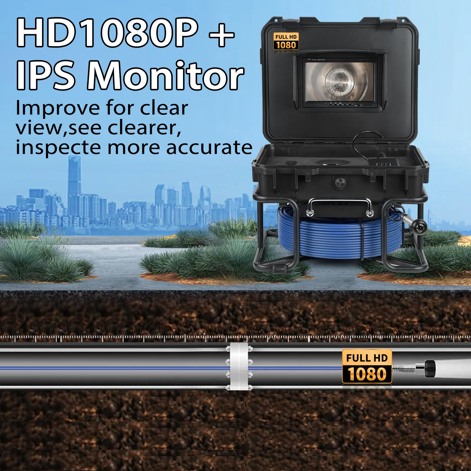 7 inch industrial pipe endoscope sewer camera coal steam channel detector 1080 high definition
