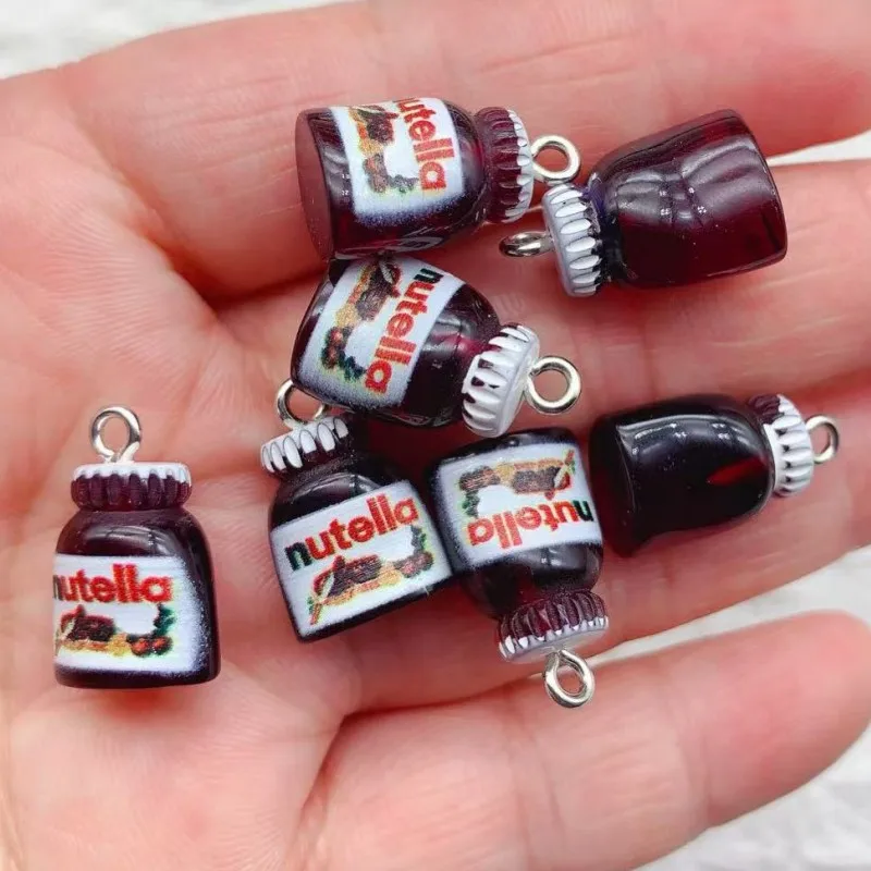 10 Uds. De dijes de resina de mermelada de avellanas y Chocolate de simulación, botella en miniatura de micropaisaje, manualidades Diy, pendiente, llavero, colgante pequeño