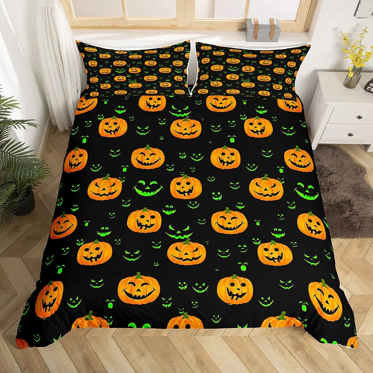 Halloween Duvet Cover Cartoon Pumpkin Lantern Bedding Ghost Quilt Cover Kids Boys Girls Halloween Gift Room Decor 3 Pcs Bedding