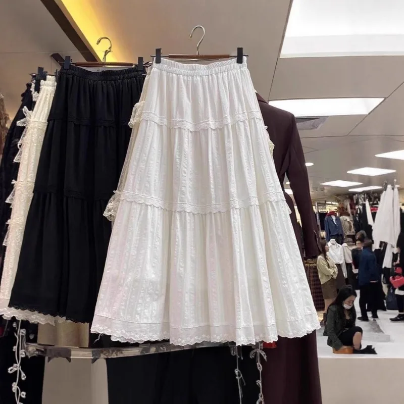 

Женская французская многослойная юбка макси с кружевной вышивкой, А-силуэт, на резинке, повседневная, длинная