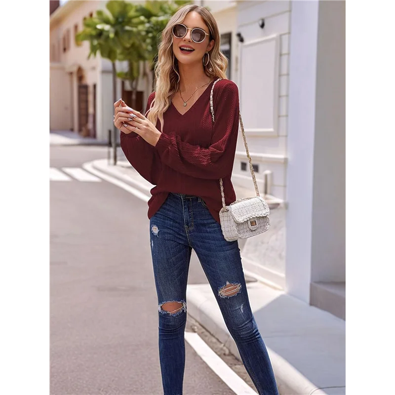 

AOAO-Women's Long Sleeve V Neck Lantern Blouse Dressy Casual Ribbed Knit Tunics Loose Fit Fall Shirts 2025