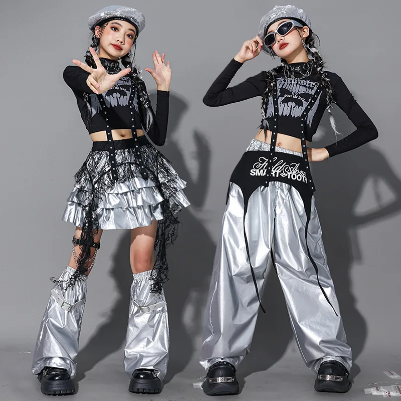 Hip Hop Boys Silver Vest Sweatshirt Street Dance Pants Girls K-pop Crop Top Clothes Sets Kids Jazz Costumes Children Streetwear