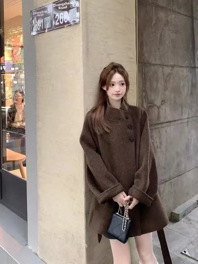 

plus Size 300 Pou Vintage Hong Kong Sle Lazy Feel Stand Collar Belted Woolen Coat Women Winter Wool Outerwear