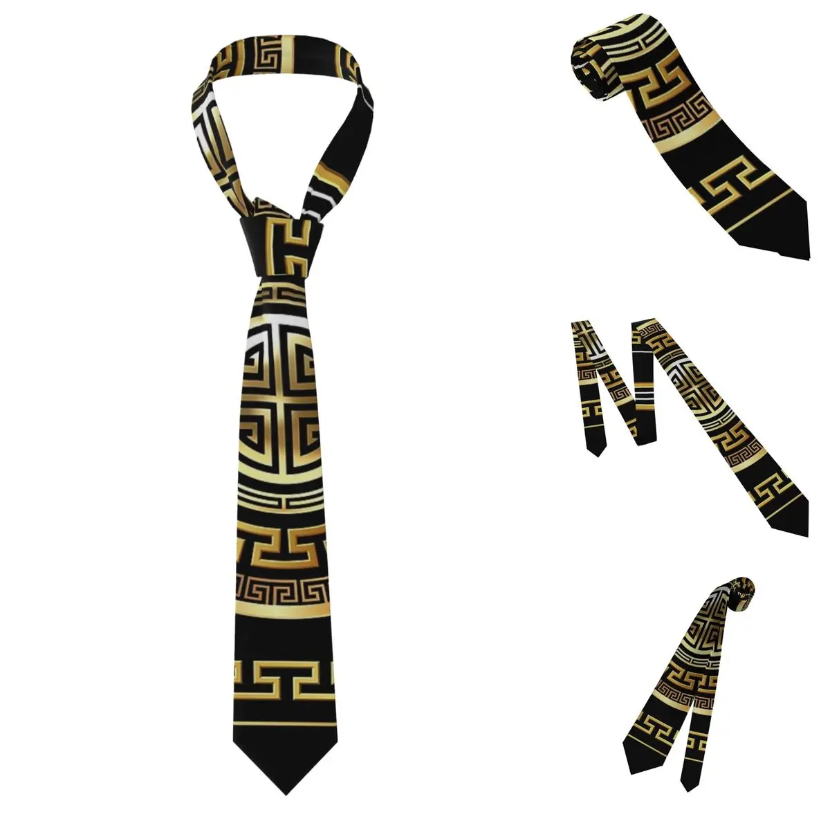 Greek Key Meander Black Gold Large Necktie for Men Silk Polyester 8 cm Neck Ties Party Suits Tie Classic Gravatas