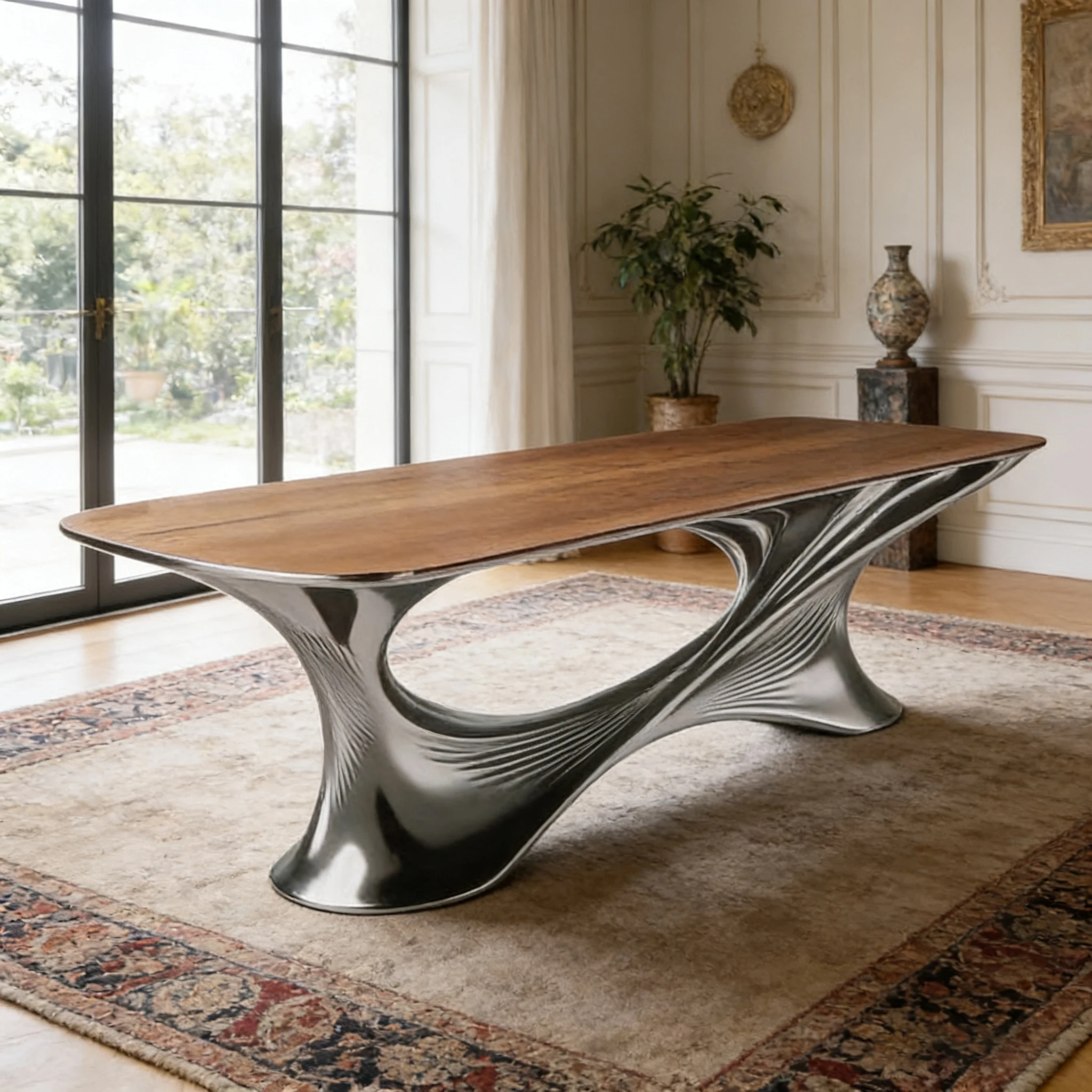 S*-Modern Artistic Dining Table Fiberglass Top Twisted Sculpture Base Center
