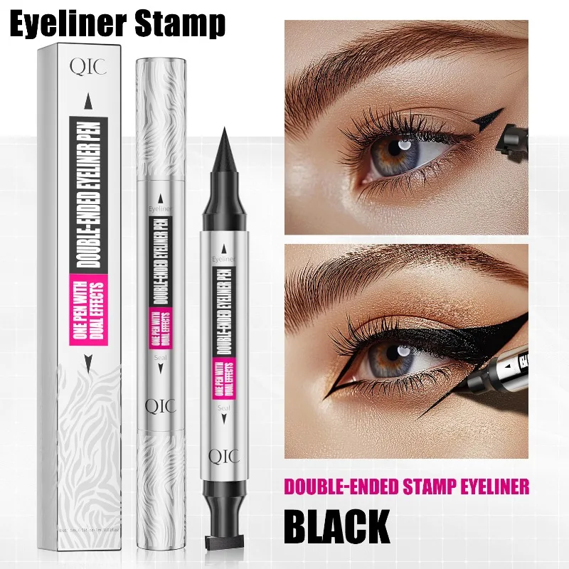 トライアングルスタンプウィングアイライナーペン、両端に細いペン先、防水、汚れ防止、簡単な対称キャットアイメイクアップ用 1 個