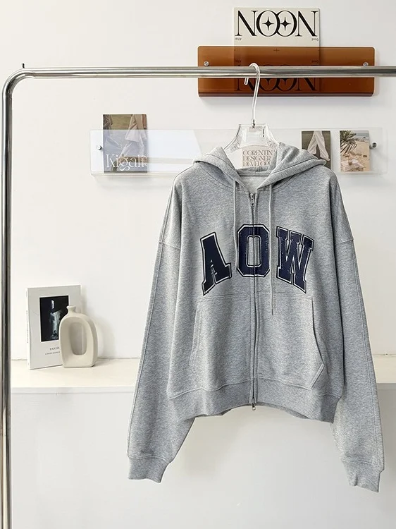 Retro Letter Hoodie Women's Loose Casual Zipper Jacket College Style Trendy Top Fashionable Short Outerwear Commute Style