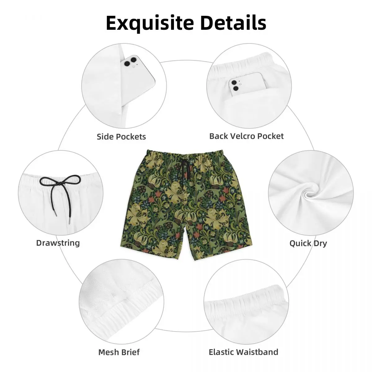 William Morris Company Board Shorts Herren lässige Strands horts Slips Blumen textil Muster schnell trocknende Badehose