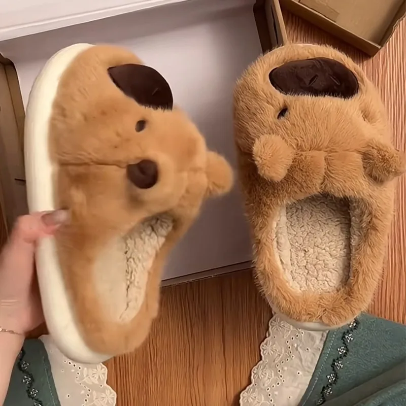 Plush Capybara Slippers Thermal Home Slippers Cute Fluffy Couple Slippers Comfortable Furry Walking Shoes Non-Slip for Men Women