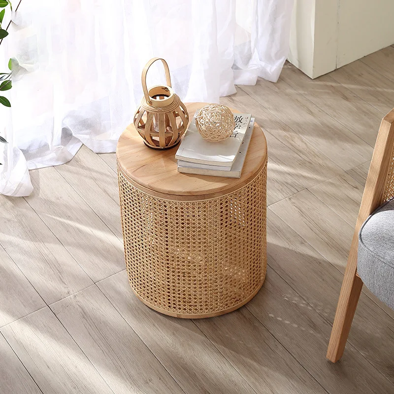 

Nordic round table small apartment living room small table coffee table simple modern balcony solid wood small edge few rattan
