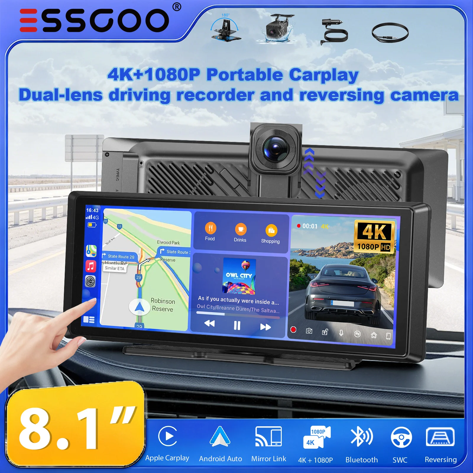 ESSGOO 8,1" 4K+1080P Autoradio Tragbarer Drahtloser Carplay-Bildschirm Dashcam Auto-DVR Android Auto Dual-Lens-Videorekorder WLAN FM AUX Typ C Bluetooth Mirror Link Lenkradsteuerung Für Autos, LKWs,