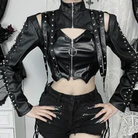 Goth Dark Faux Pu Leather Long Sleeve Crop Shrug Tops Grunge Women Rivet Zip Coats Chic Streetwear Jackets Mall Gothic Smock Top 3