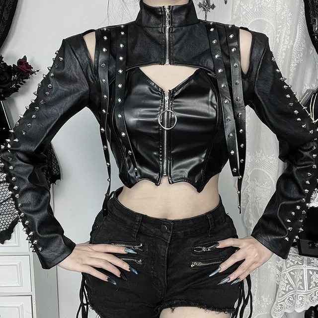 Goth Dark Faux Pu Leather Long Sleeve Crop Shrug Tops Grunge Women Rivet Zip Coats Chic Streetwear Jackets Mall Gothic Smock Top 3 Goth Dark Faux Pu Leather Long Sleeve Crop Shrug Tops Grunge Women Rivet Zip Coats Chic – view 3