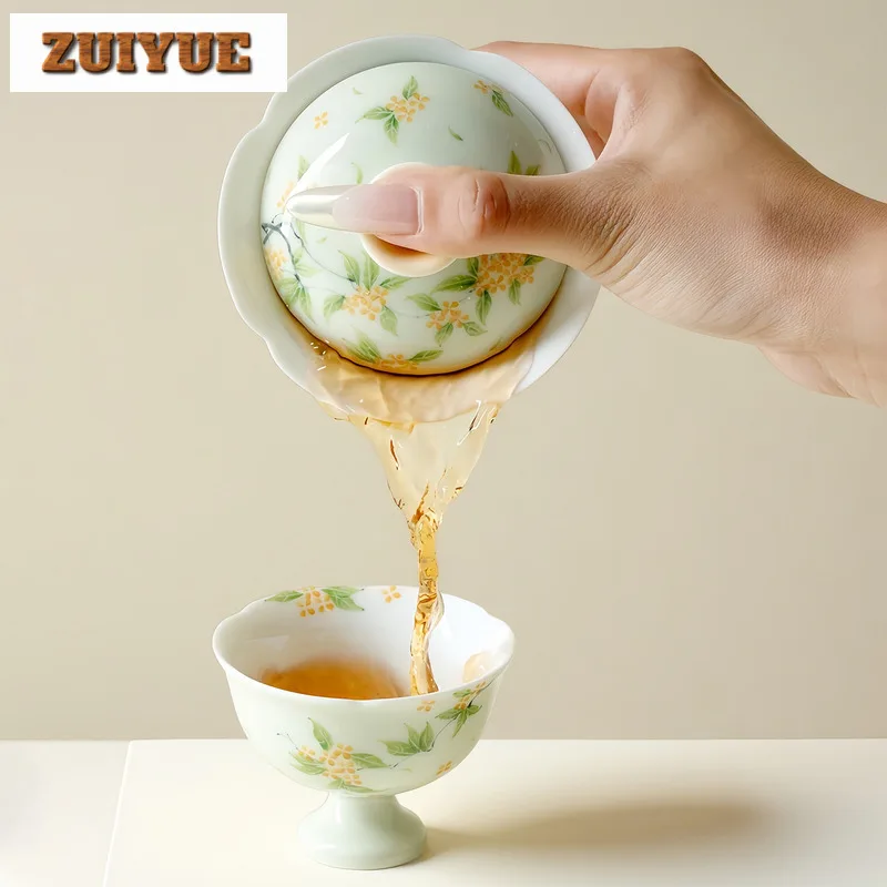 100ml Apricot Yellow Hand-painted Osmanthus Gaiwan Luxury Tea Tureen Tea Bowl With Lid Kit Tea Making Cover Bowl Teaware Gift