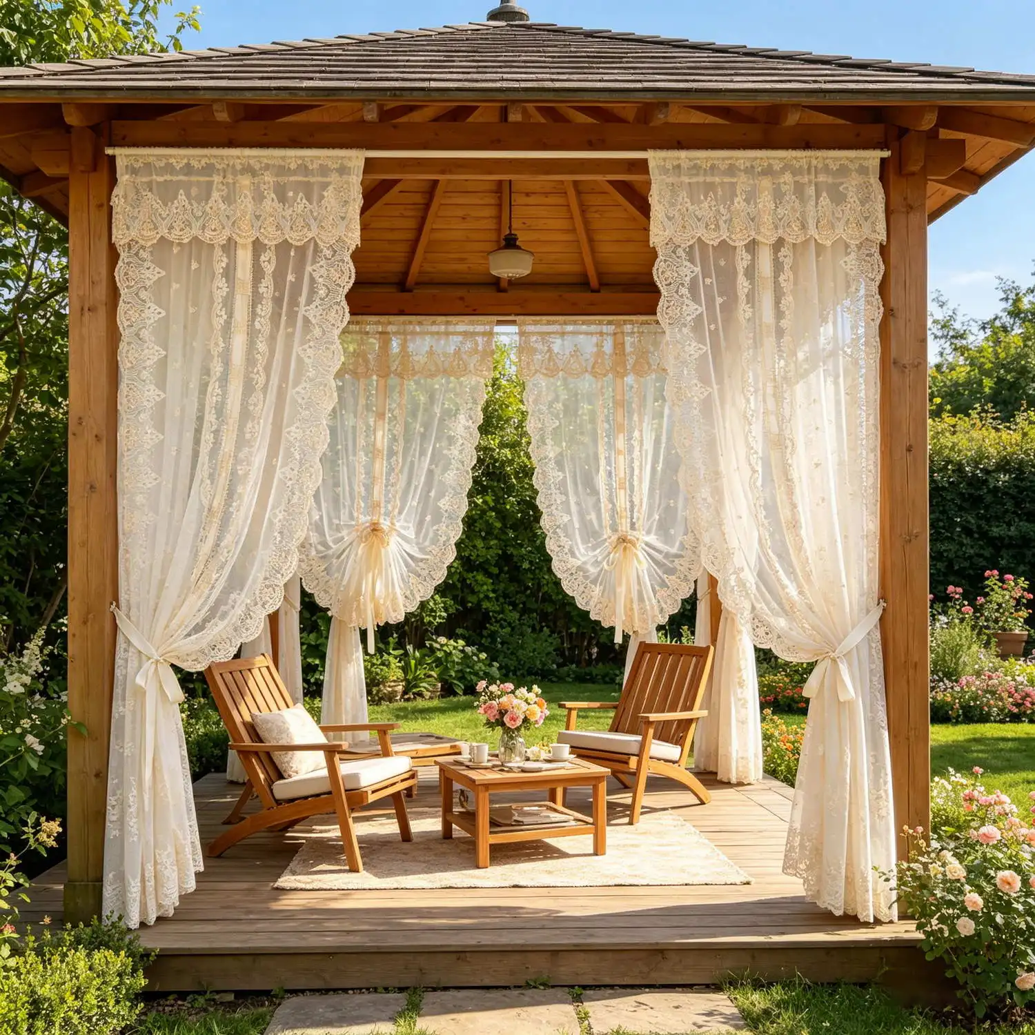 

2PCS Pastoral Lace Coffee Embroidery Sheer Curtain for Outdoor Pavilion Hallway Garden Adjustable Drape Decoration