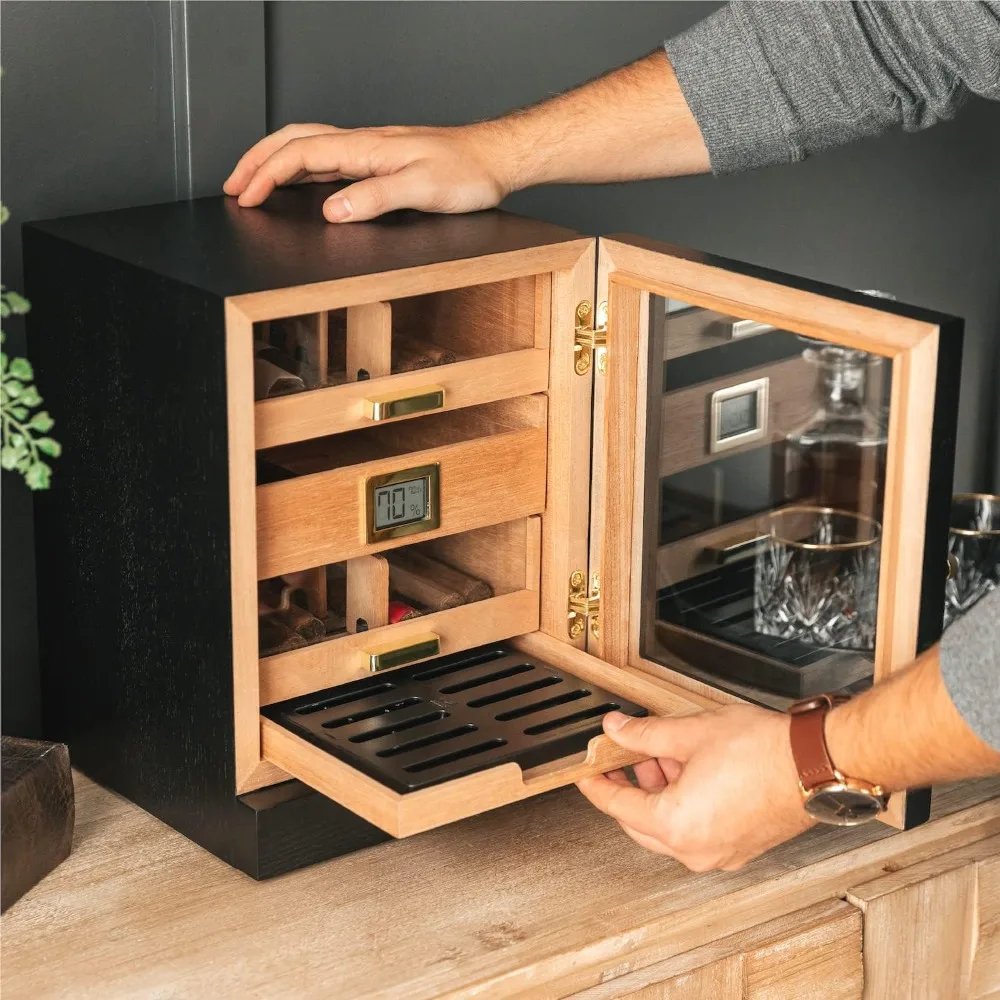 Cigar Humidor Cabinet with Spanish Cedar Glass Display Digital Hygrometer Easy Humidification System