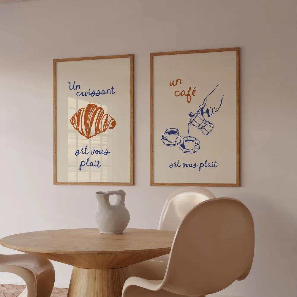 Frameless, French Breakfast Posters, Croissant and Cafe Prints, Gourmet Printing, Minimalism, Kitchen Restaurant Art Decoration