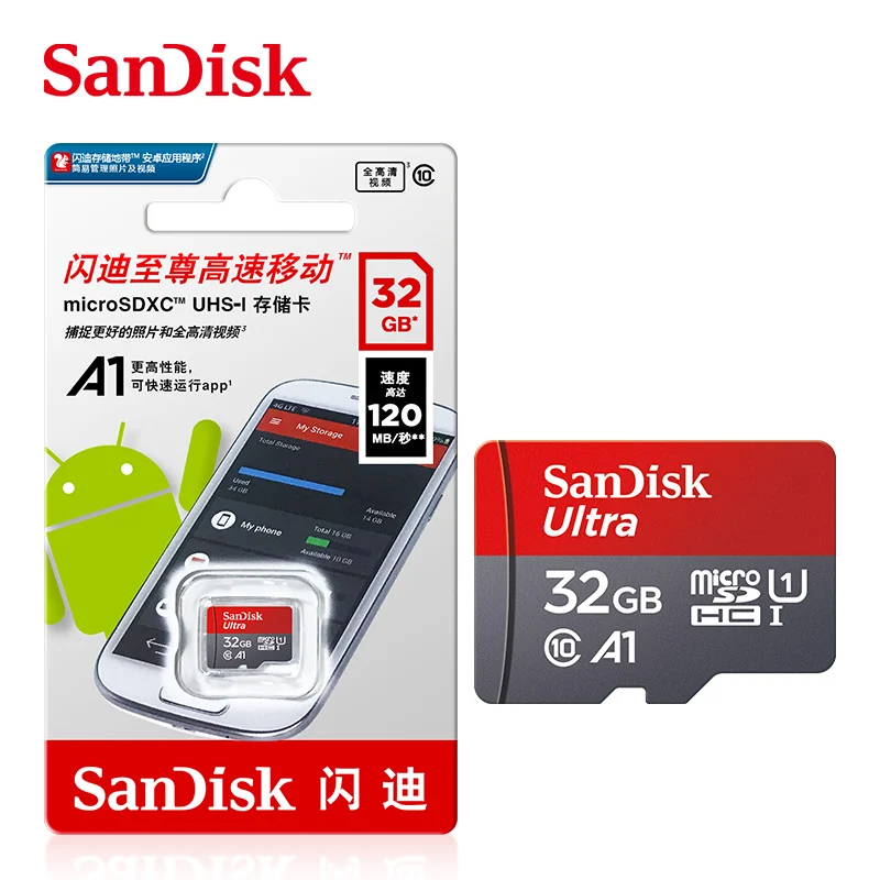 Original SanDisk A1 Speicherkarte 256 GB 128 GB 100 MB/S 64 GB 32 GB Micro-SD-Karte Klasse 10 UHS-1 Flash Microsd TF + Typ-C-Kartenleser 6