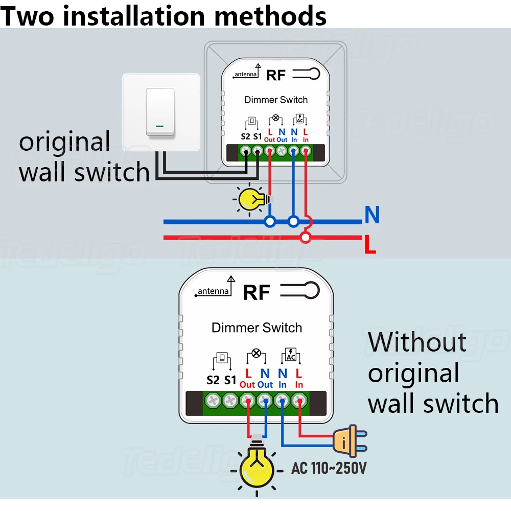 433 Mhz Light Dimmer Remote Control Switch AC 110V-250V 150W  Adjustable Brightness Controller Support 2 Way for LED and Halogen