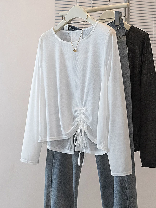Summer New plus Size Women's T-shirt with Drawstring Long Sleeve Irregular Oversized Top Korean Style Commute Fashion