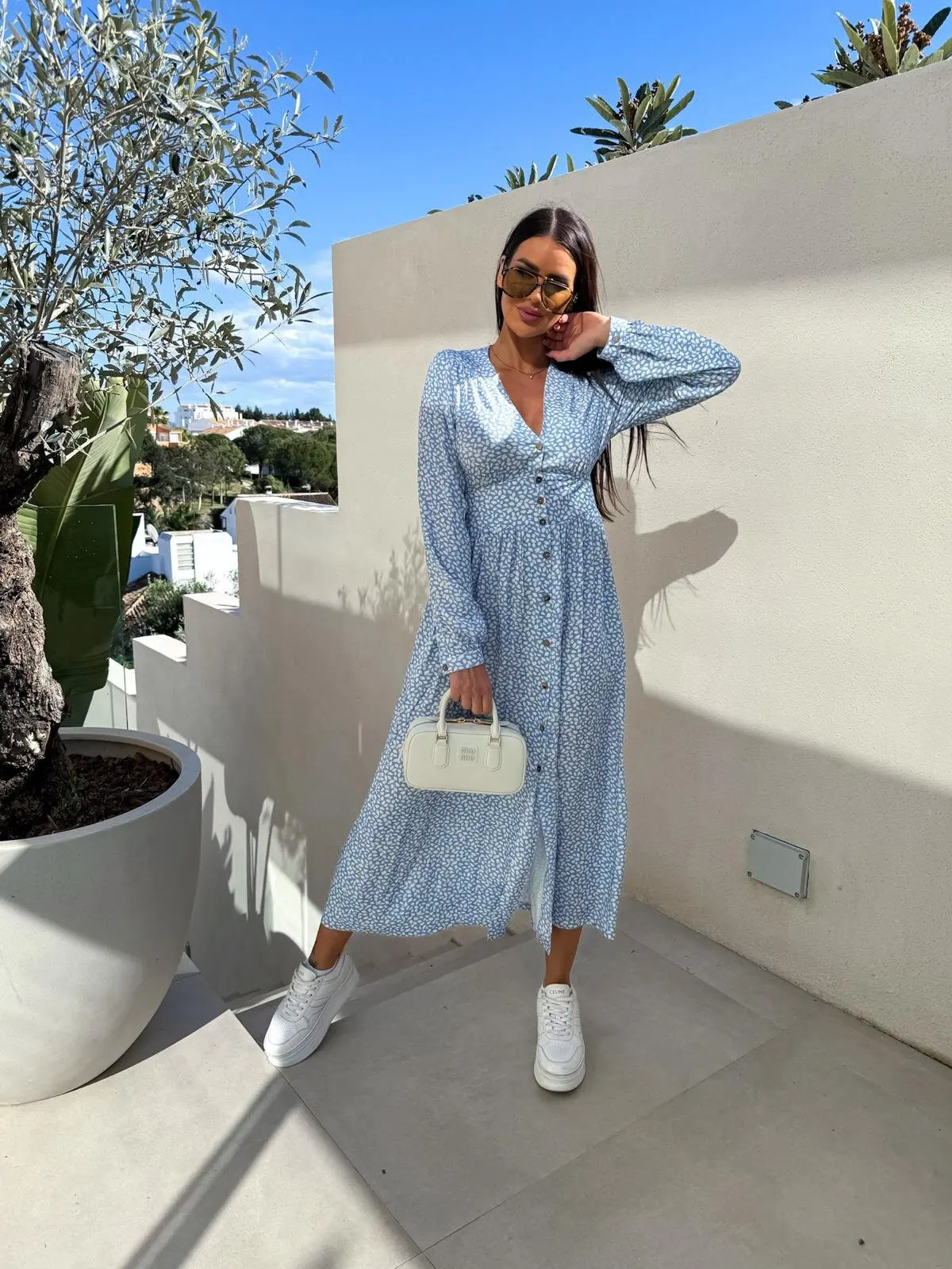 가을 패션 플로럴 드레스 캐주얼 브이넥 버튼 긴 소매 롱 스커트 가족 모임 참석 2025 신상 여성 의류