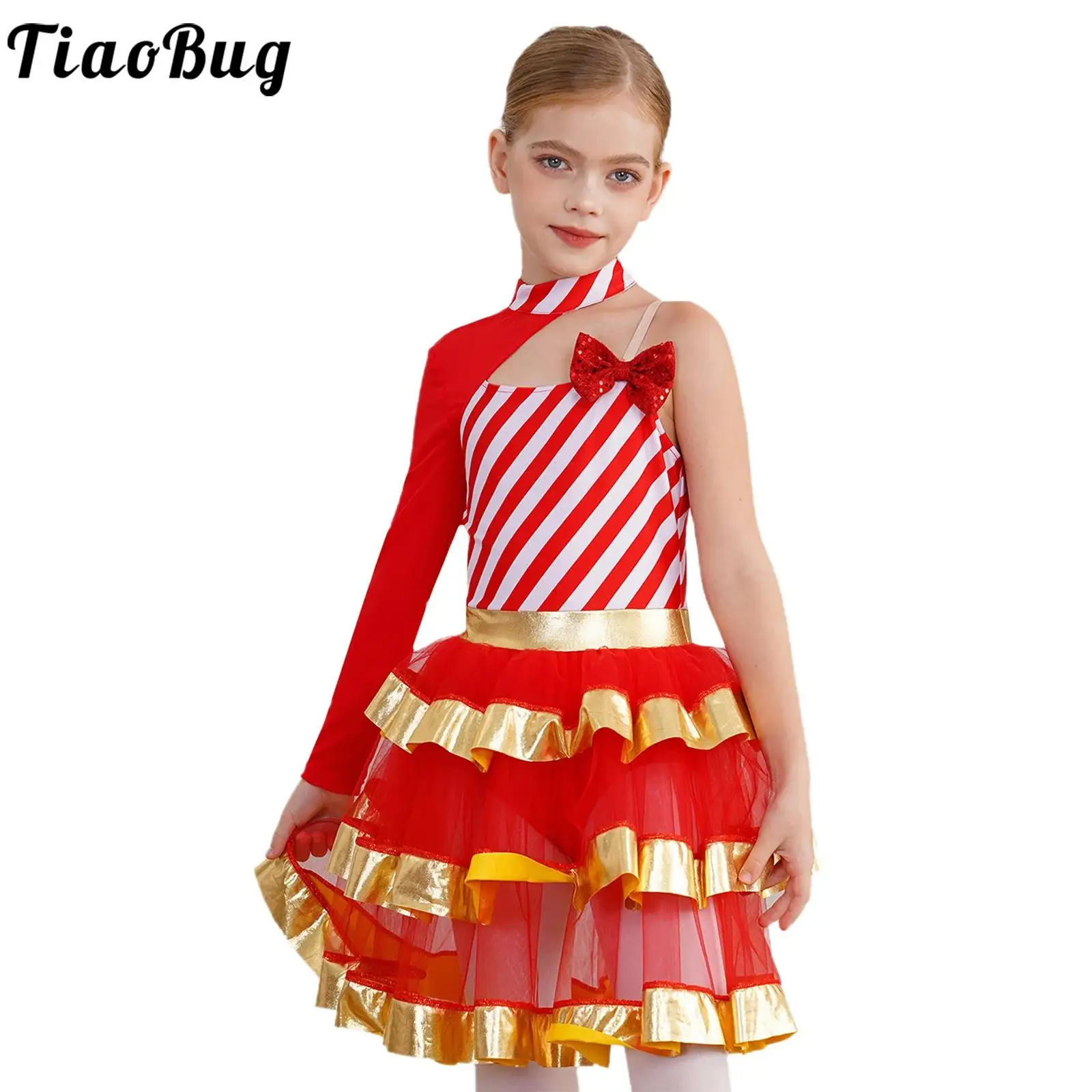 

Kids Girls Christmas Candy Cane Costume Ballet Dance Gymnastic Leotard Carnival Xmas Party One Shoulder Stripe Tiered Tutu Dress