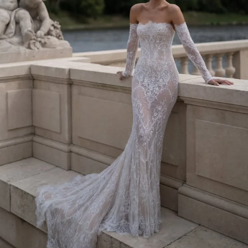 

Ivory White Elegant Sweetheart Ball Gown Wedding Dress With Mermaid skirt Long Sleeves Bridal Gowns Customized