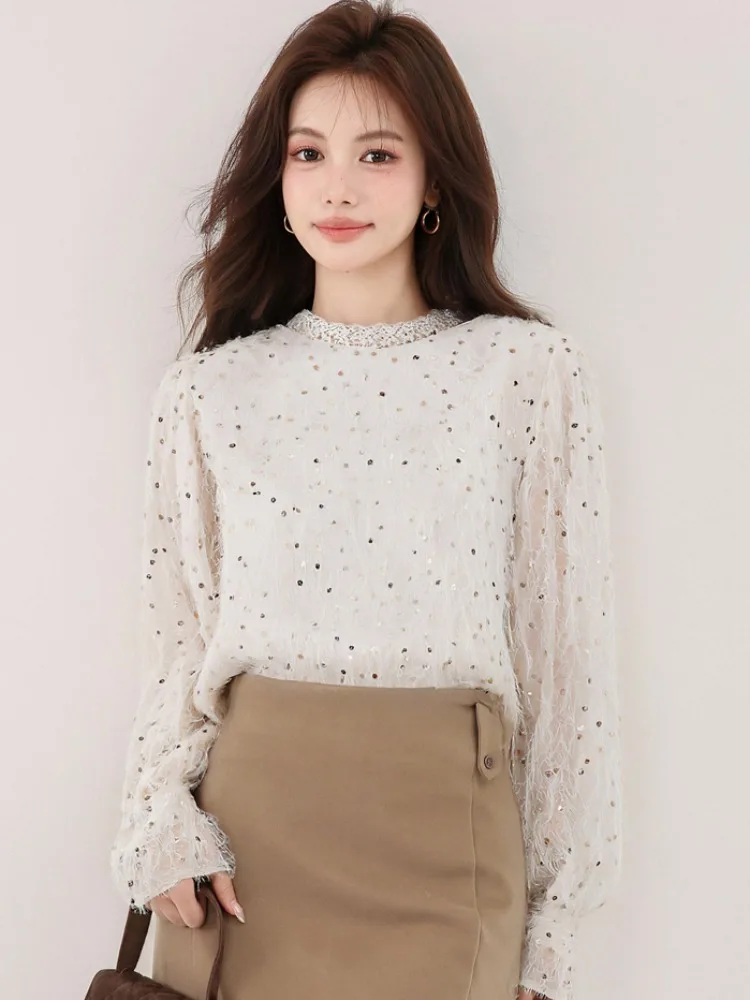 스팽글 태슬 시폰 탑 여성용 봄 가을 디자인 독특하고 아름다운 패셔너블한 스몰핏 스트레이트 컷 롱 슬리브