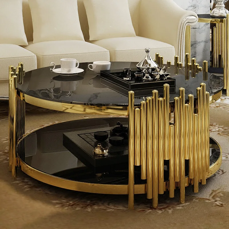

！@Luxury Modern Design Polished Gold Stanieless Steel Glass Top Round Coffee Table