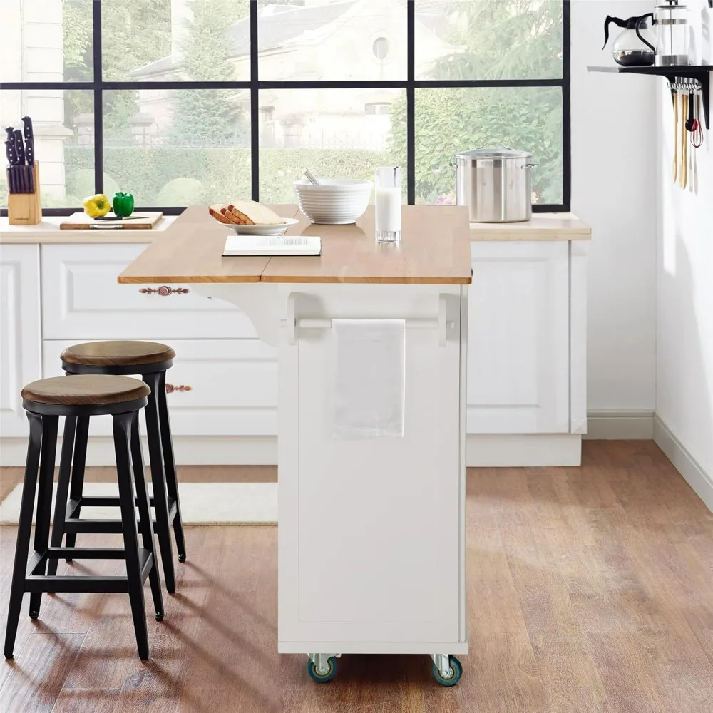 Kitchen Island Cart, Wheels with Drop-Leaf and Rubber Wood Top, Rolling Kitchen Trolley with Door Storage Cabinet, Drawers