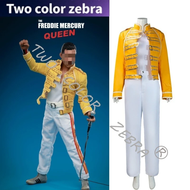 

80s Rock Legend Costume Freddie Mercury Same Style Outfit Yellow Jacket Pants Full Set Lead Singer Stage Perfromance Unifrom