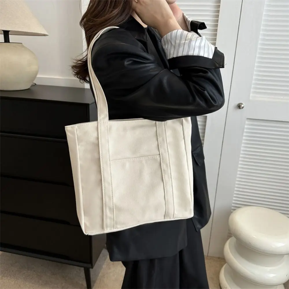 

Solid Color Large-capacity Canvas Bag Portable Blank Canvas Single-shoulder Bag Comfortable Handle Zipper Closure