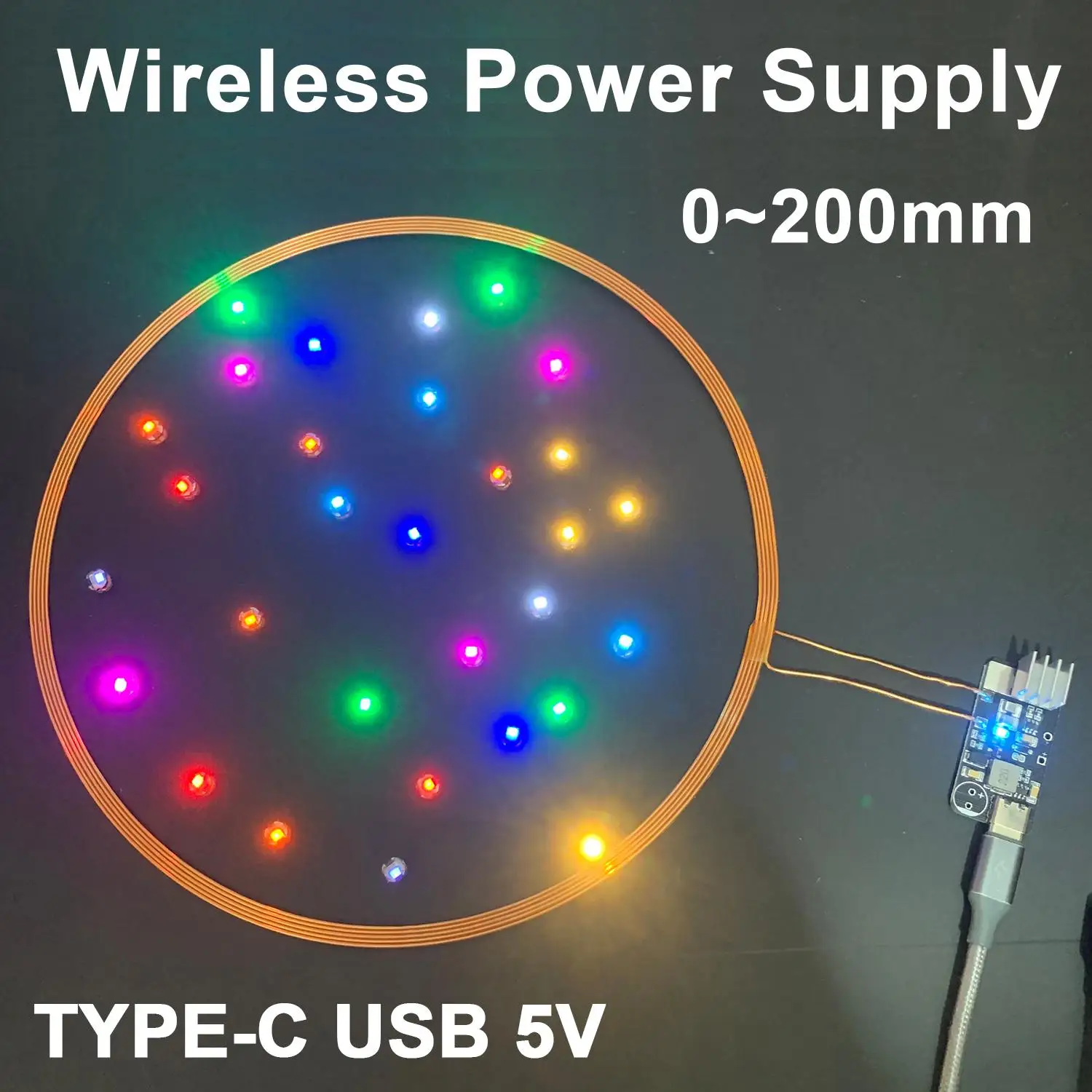 DYKB Wireless Induction Power Supply Transmitter Coil 0-200mm TYPE-C 5V 5PCS Receiver LED Light for DIY Diorama Robot Model Toys