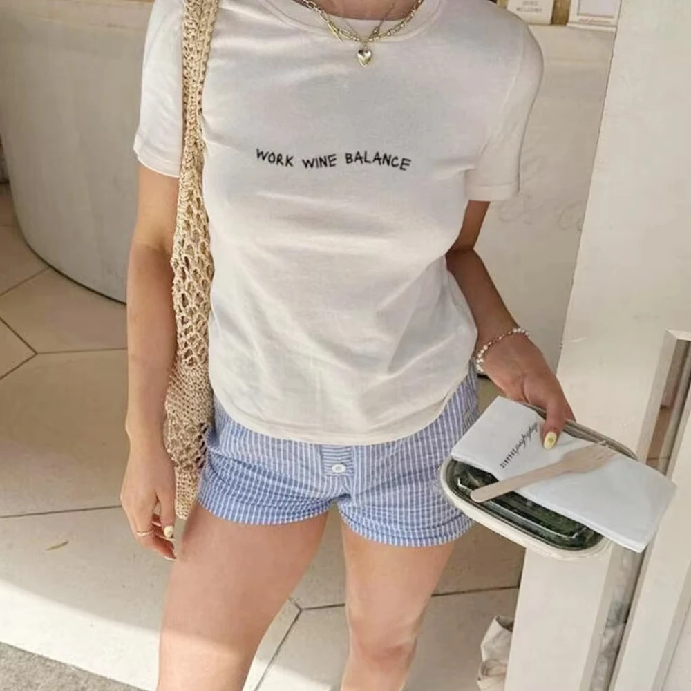 

Work Wine Balance Letters Printing Funny White T Shirts Female Short Sleeve Loose Cotton Tees Ins Fashion Drinker Lover Shirts