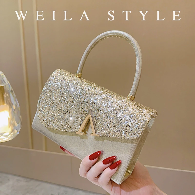 Stylish V-shaped dinner bag Delicate shiny Tote Girl crossbody bag All match high-grade handbag blingbling handbag.