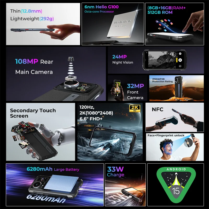 HOTWAV Cyber 16 Pro 4G 6.6 Inch FHD+ 120Hz Display 8GB RAM 512GB ROM Mobile Phone 108MP 6280mAh 33W Smartphone Android 15 NFC