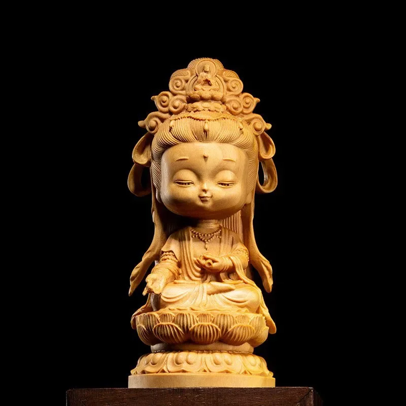 Woodcarving Cartoon Guanyin Statue, Hand Carving, Solid Wood, Buddhist Feng Shui, Home, Room, Office Decoration, 24514