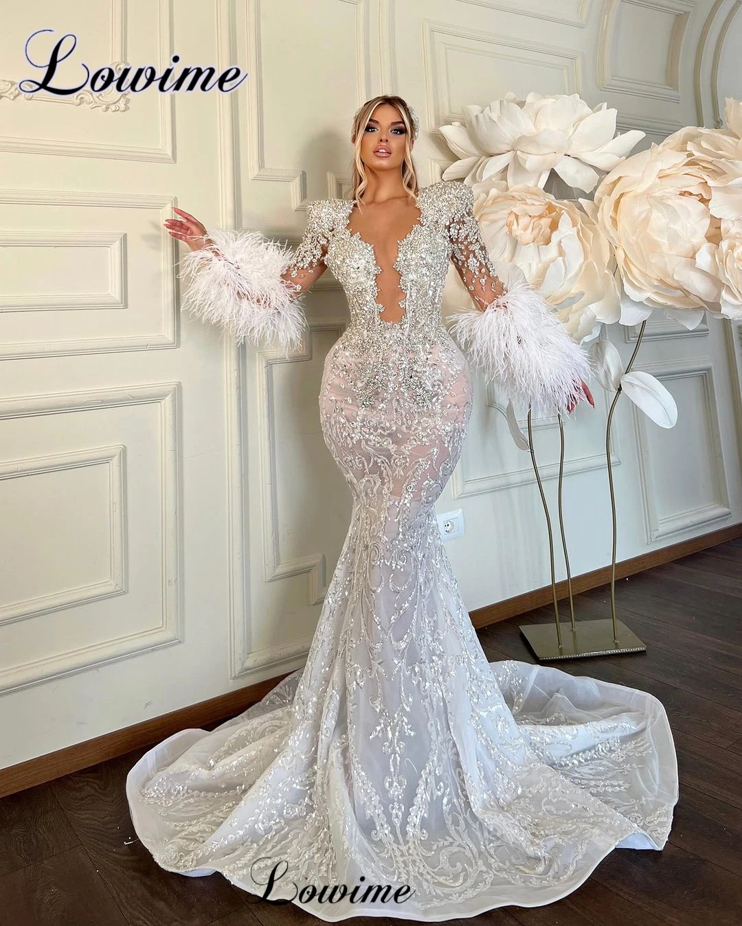 Two Pieces Ivory Evening Dresses With Detachable Train Long Sleeves Wedding Party Dresses Celebrity Dresses Robes De Soirée