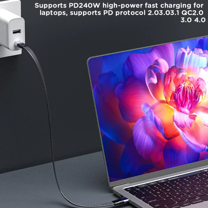 وكابل البيانات PD240W 40Gbps/8K60hz سلك نايلون مسطح للفيديو للمنزل والسفر