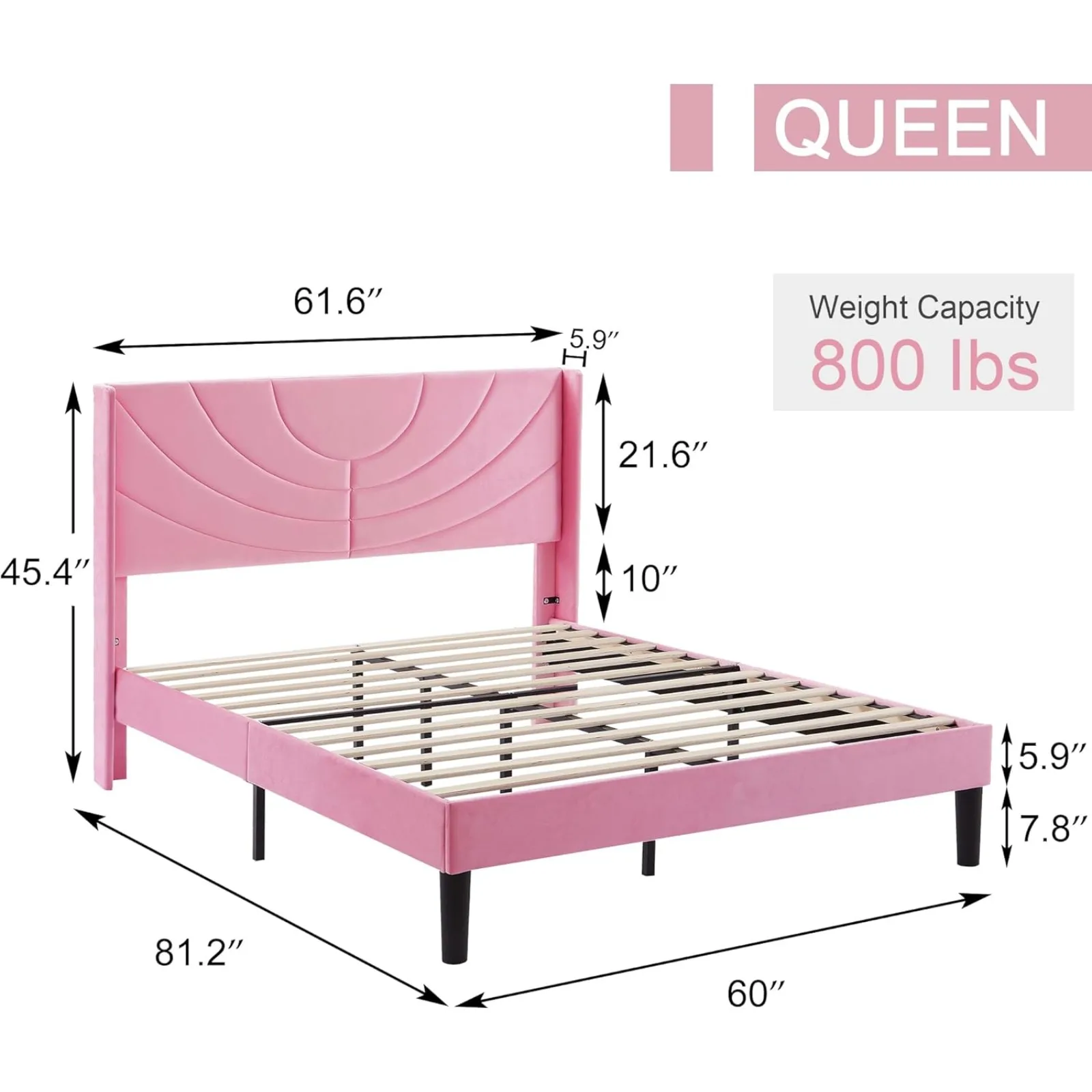 US Queen Size Bed Frame Upholstered Platform with Wave Fabric Headboard,Wooden Slats Support/No Box Spring Needed/Mattress