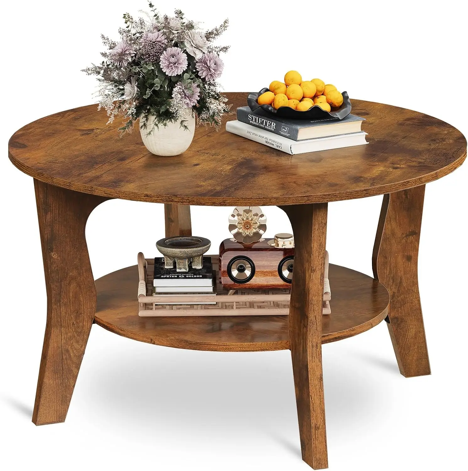 

Round Coffee Table 2-Tier with Storage Shelf for Living Room, Apartment, Easy Assembly, Rustic Brown