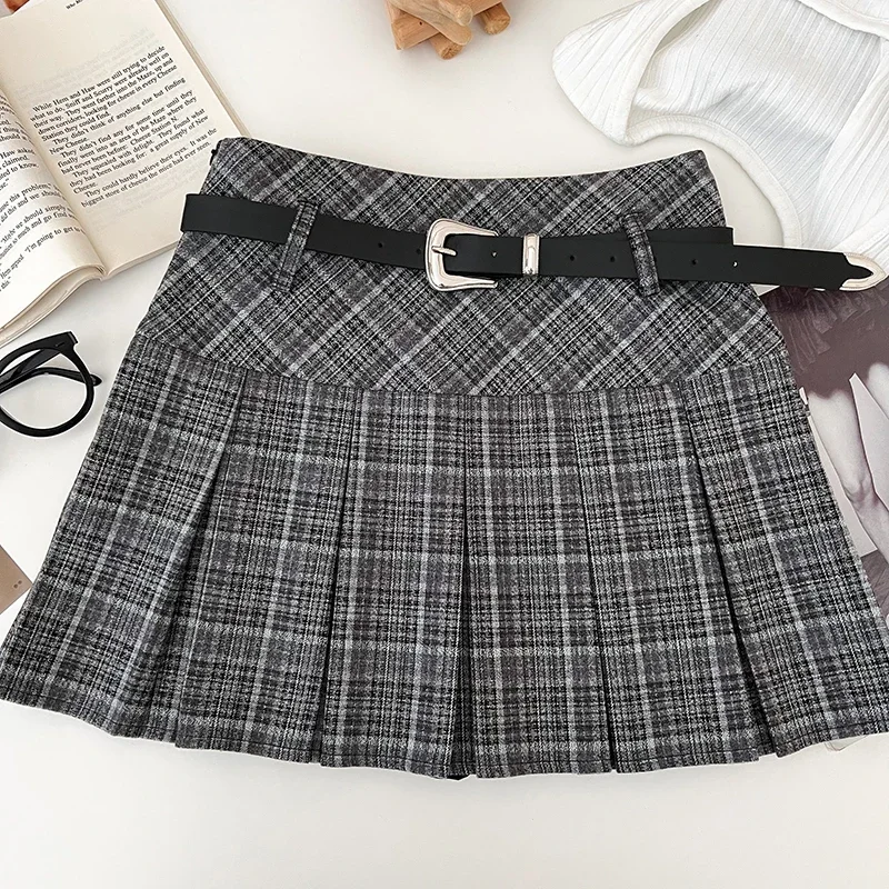 Outono inverno xadrez mini saia com shorts embutidos com cinto de lã grossa boxy plissado saia xadrez feminino adolescente-menina roupa formal