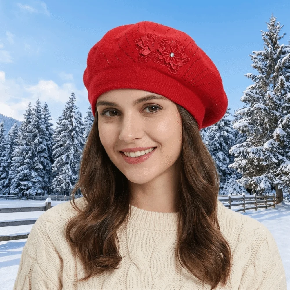 Elegant Solid Color Flower Wool Beret Rhinestone Knitted French Style Painter Cap Multi-Color Soft Beret Hat Commute