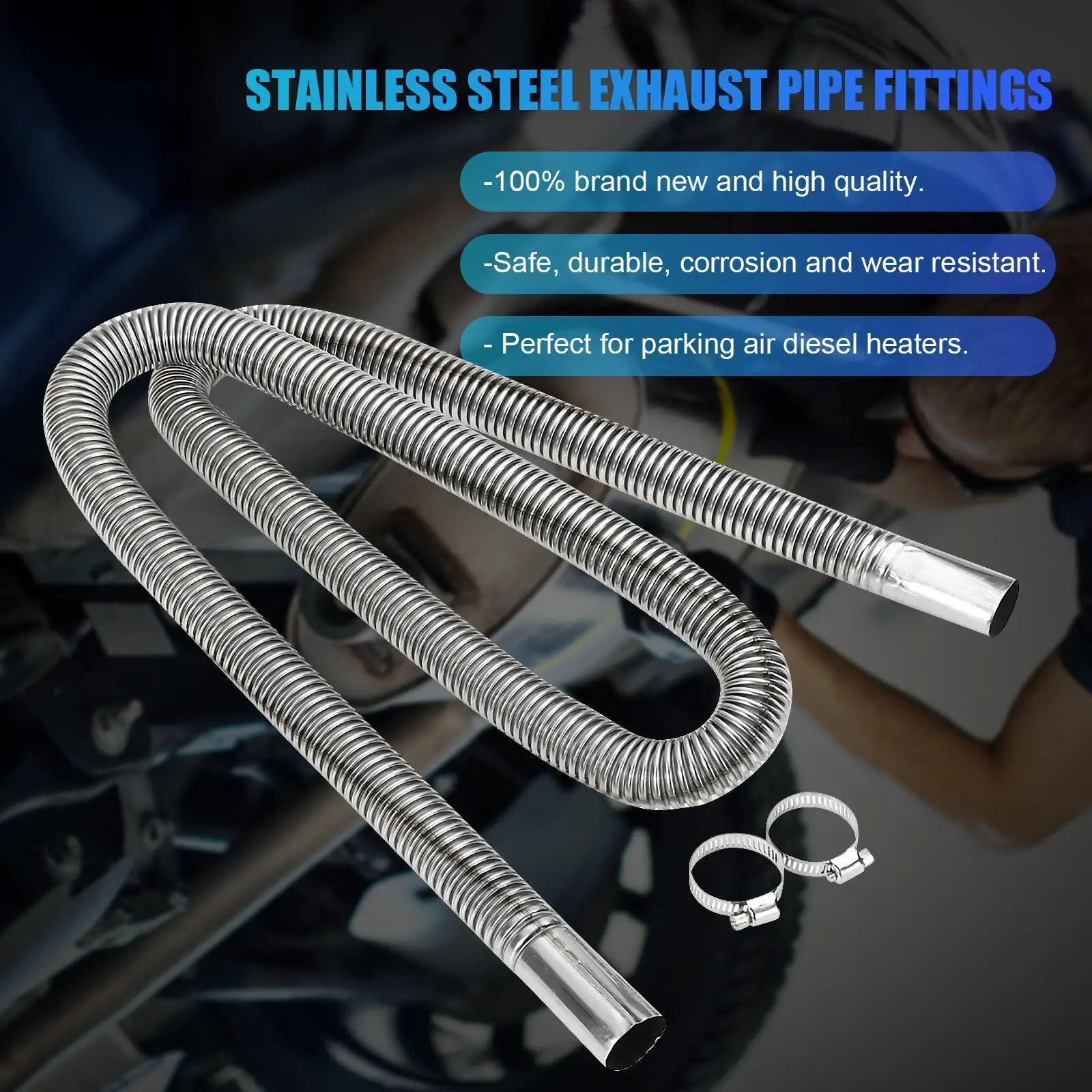 

200cm Exhaust Hose with Two Clips Stainless Steel Exhaust Pipe Air Parking Heater Exhaust Pipe Tube for Car Heater