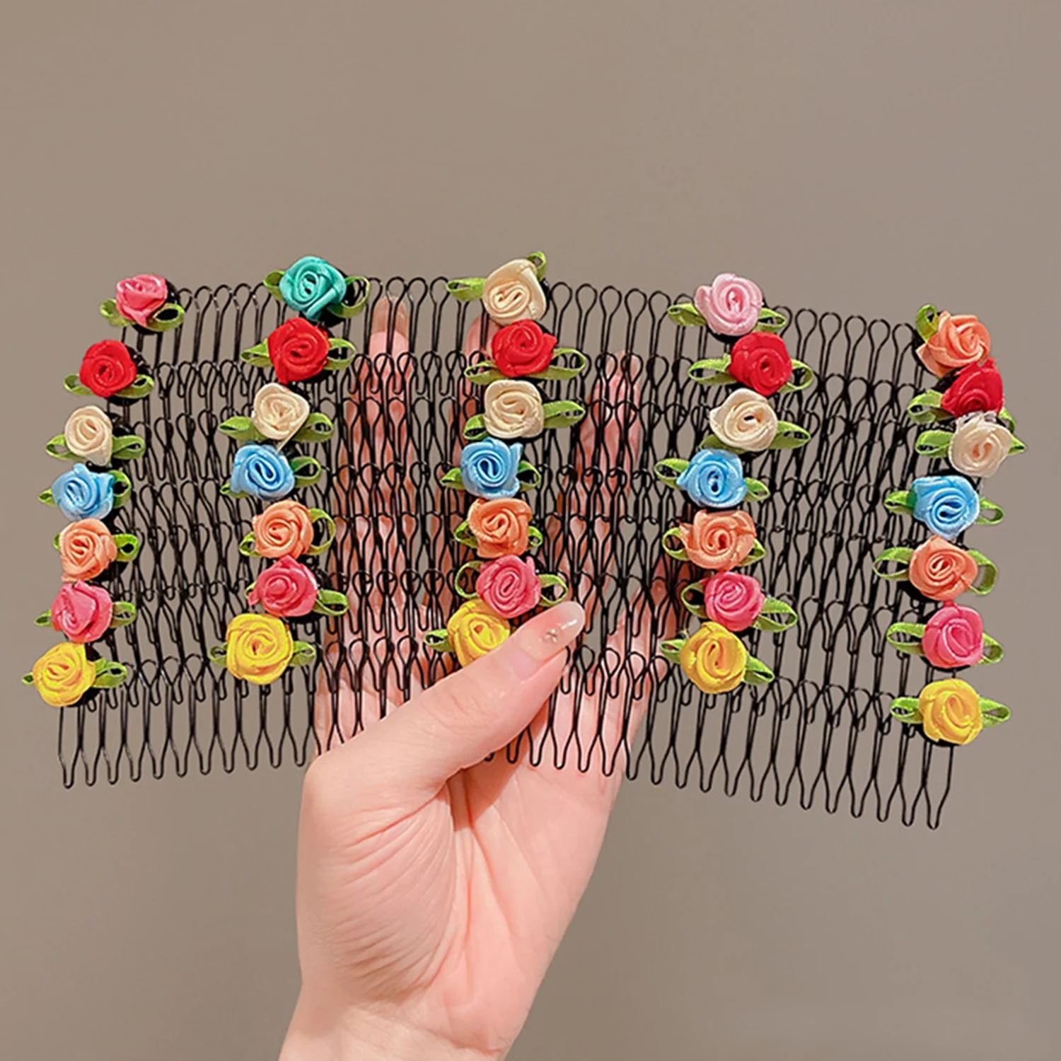 New Cute Colorful Rose Pull-out Stretch Metal Hair Comb For Girls Broken Hair Finish Headband Fashion Hair Accessories