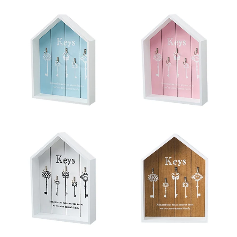 Wood House Shape Key Hook Holder Wall Hanging Rack Organizer Home Decor Entrance Wall Key Hanger Jewelry Display Holder Box