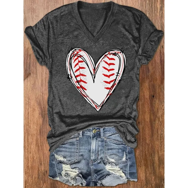 HOT Women's Baseball Print T-Shirts Summer V Neck Tops Short Sleeve Casual Tees