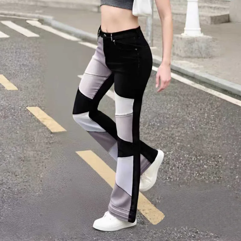 ANJY Spring Summer New Women Fashion Contrast Color Patchwork Thin Denim Flared Pants Elegant Trendy Slim Fit Niche Jeans A23963