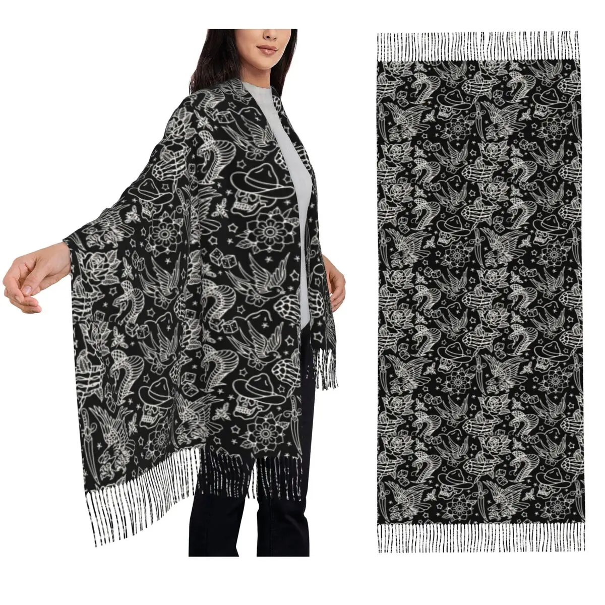 

American Traditional Tattoo Flash Print Scarf Tassel Scarves for Women Soft Warm Shawls and Wraps Large Fall Winter Shawl Wrap